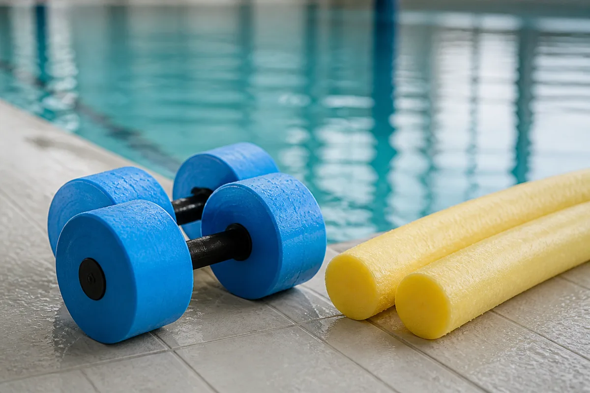 Bassin d’activité peu profond avec haltères en mousse et frites flottantes posés au bord