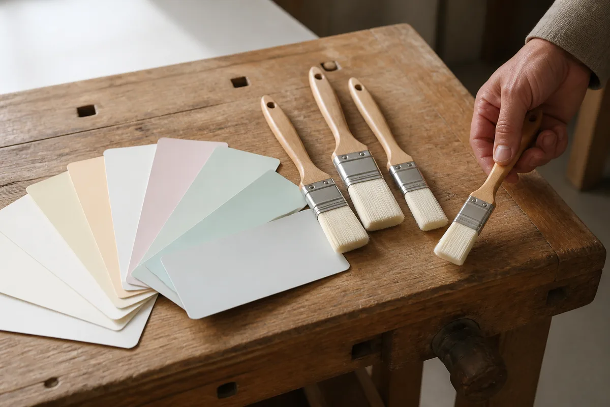 Échantillons de peinture en éventail et pinceaux posés sur un établi d&rsquo;atelier