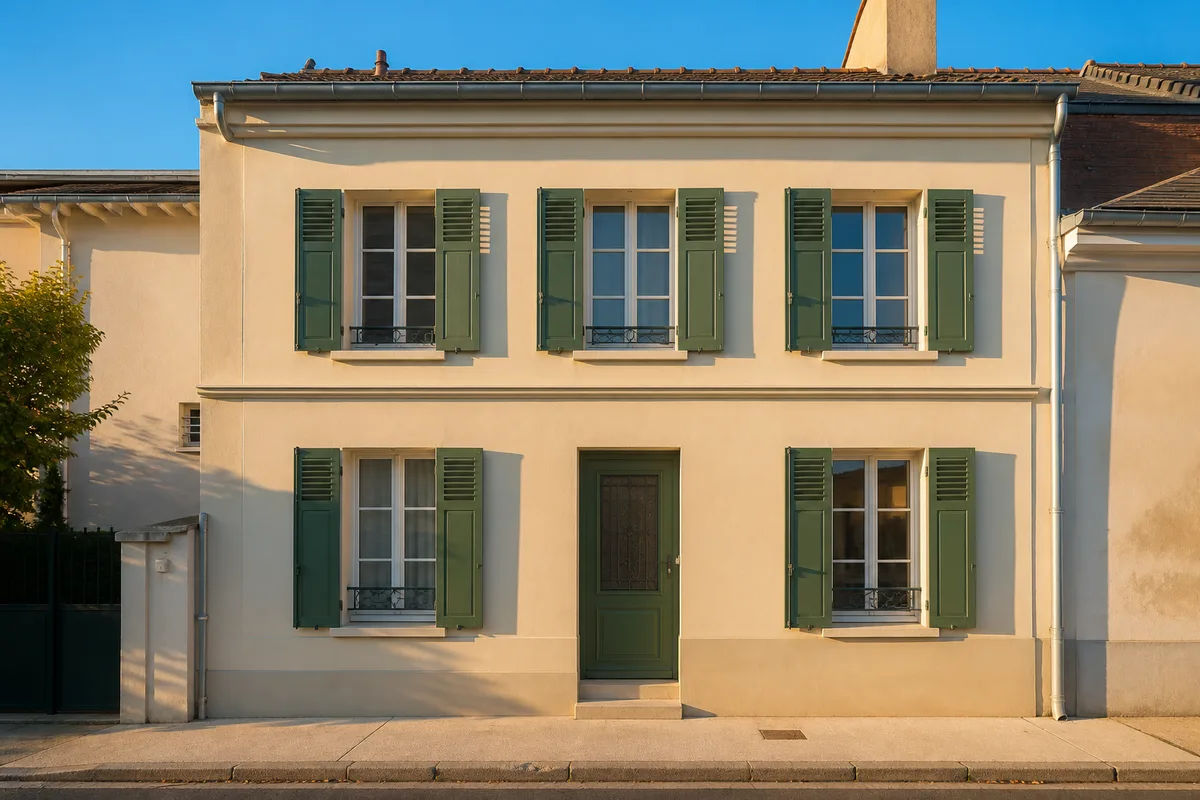 Façade rénovée d&rsquo;une maison de ville sous un ciel dégagé après travaux de peinture
