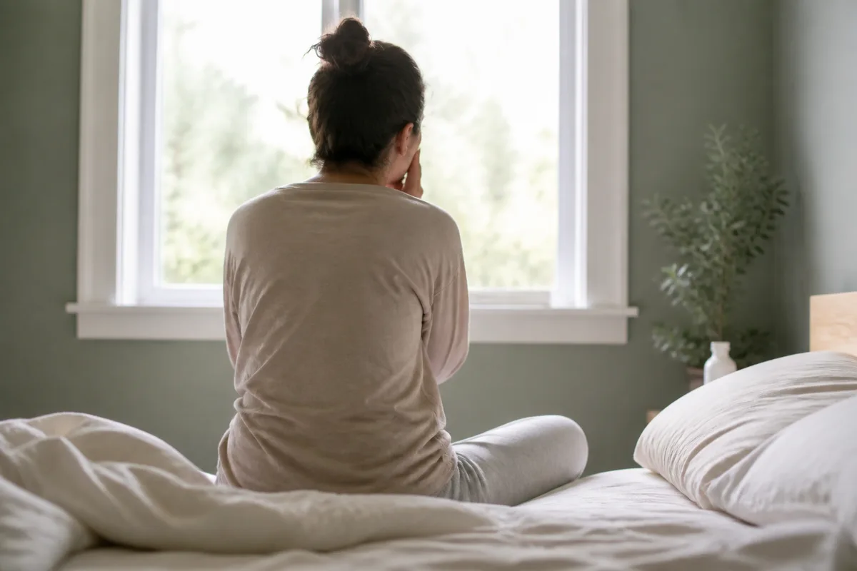 Personne vue de dos assise au bord d&rsquo;un lit dans la lumière du matin, main posée sur la joue