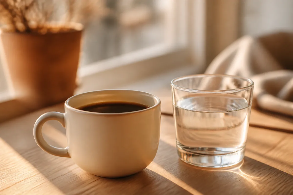 Tasse de café et verre d&rsquo;eau posés sur une table en bois clair près d&rsquo;une fenêtre en fin de journée