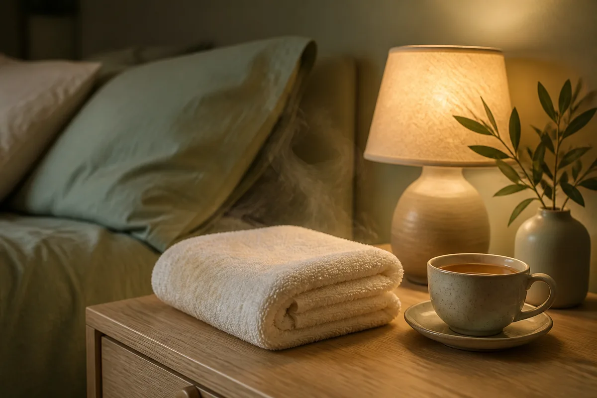 Serviette chaude pliée et tasse de tisane posées sur une table de chevet en bois, chambre à l&rsquo;éclairage tamisé