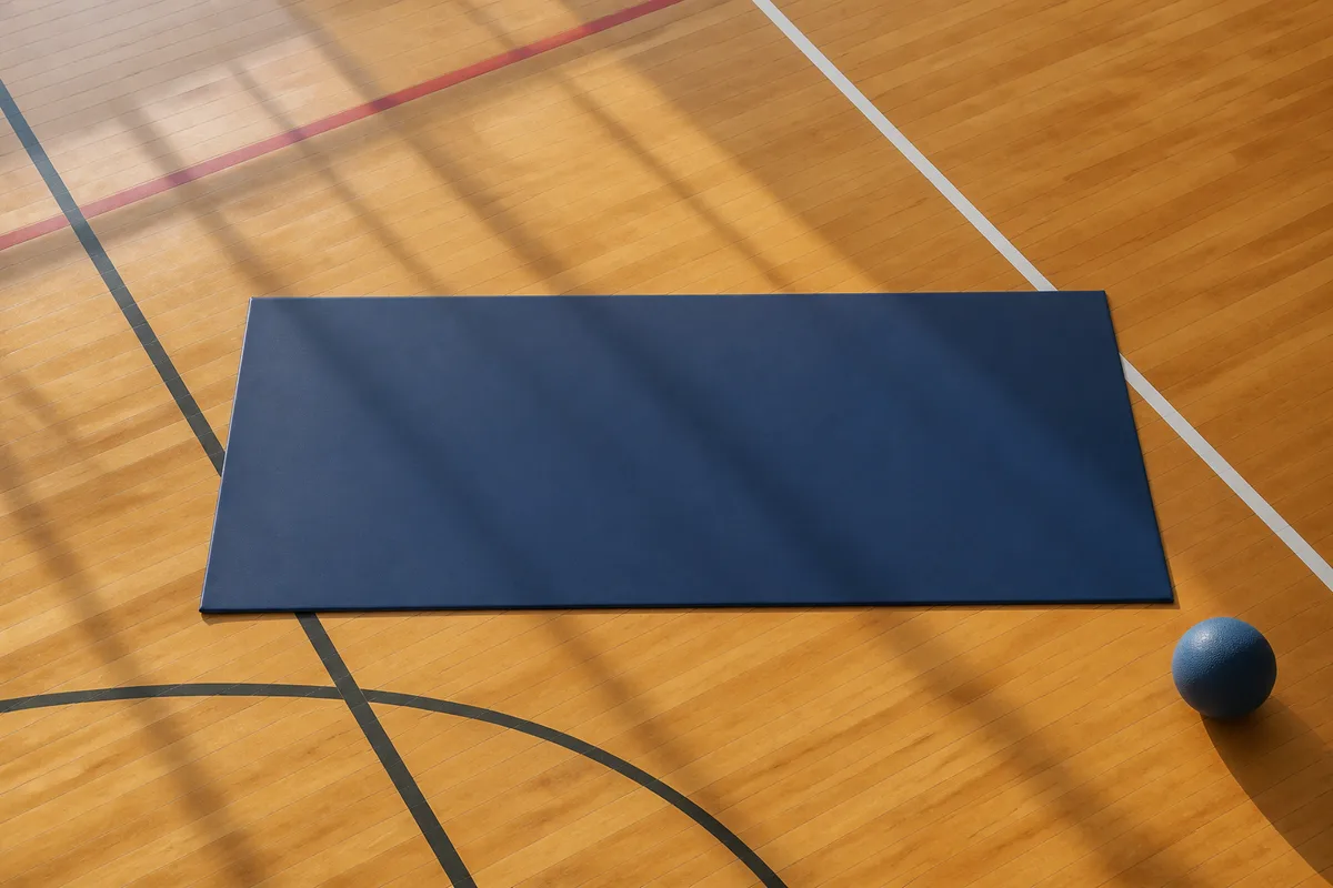 Salle de gymnase en fin de séance, tapis de sol déroulés au premier plan sous une lumière rasante