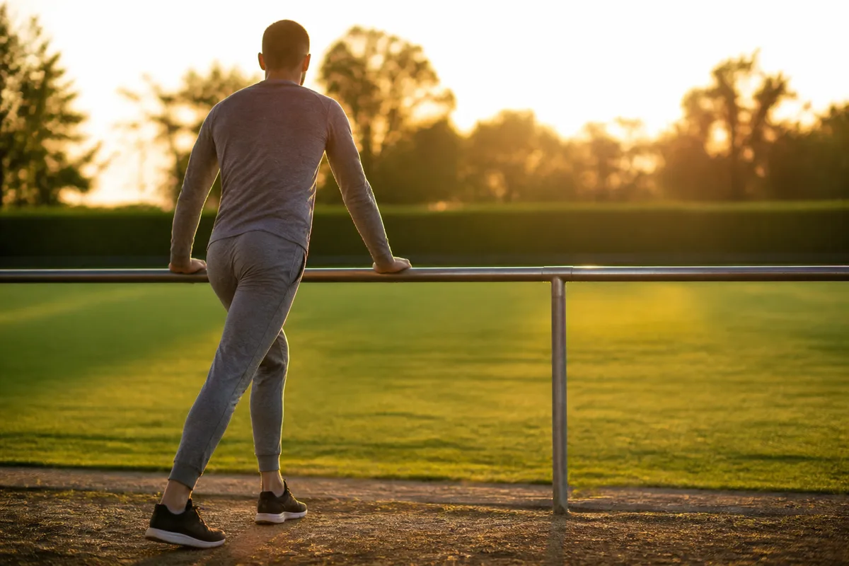 Silhouette de dos en étirement debout au bord d’un terrain de sport, fin de journée