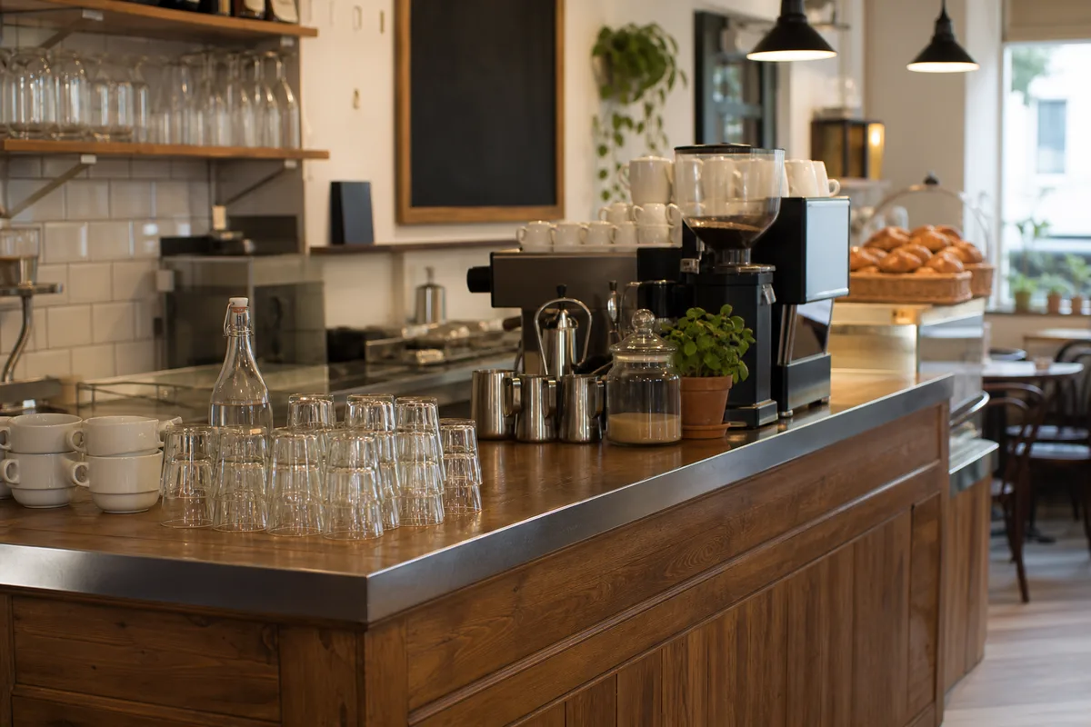 Comptoir de café de quartier chaleureux avec tasses fumantes et lumière du matin