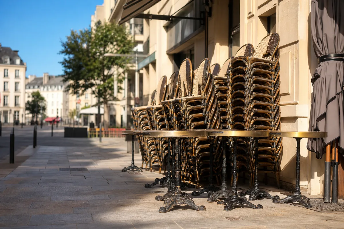 Tables bistro et chaises empilées prêtes à installer avant l’ouverture d’un café