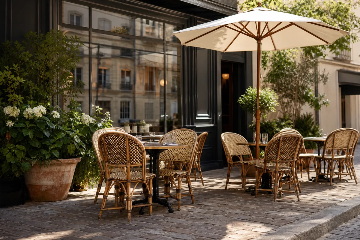 Mobilier de terrasse professionnel installé devant une vitrine de café un jour ensoleillé