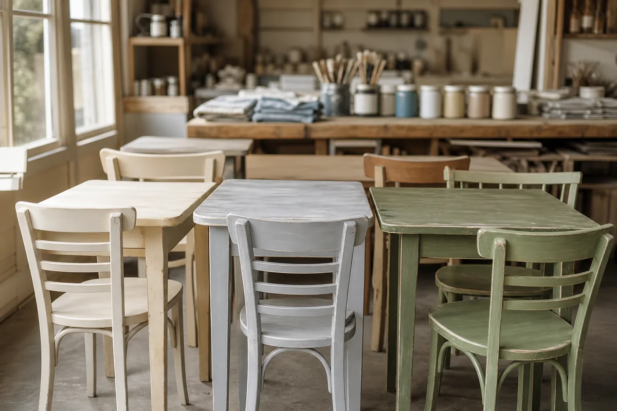 Tables et chaises de brocante restaurées dans un atelier avant livraison à un café