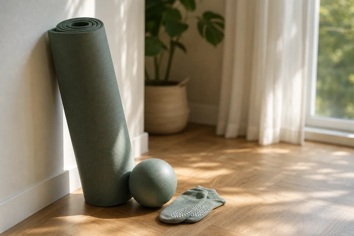 Tapis de pilates roulé posé près d&rsquo;une fenêtre lumineuse à côté d&rsquo;un petit ballon souple