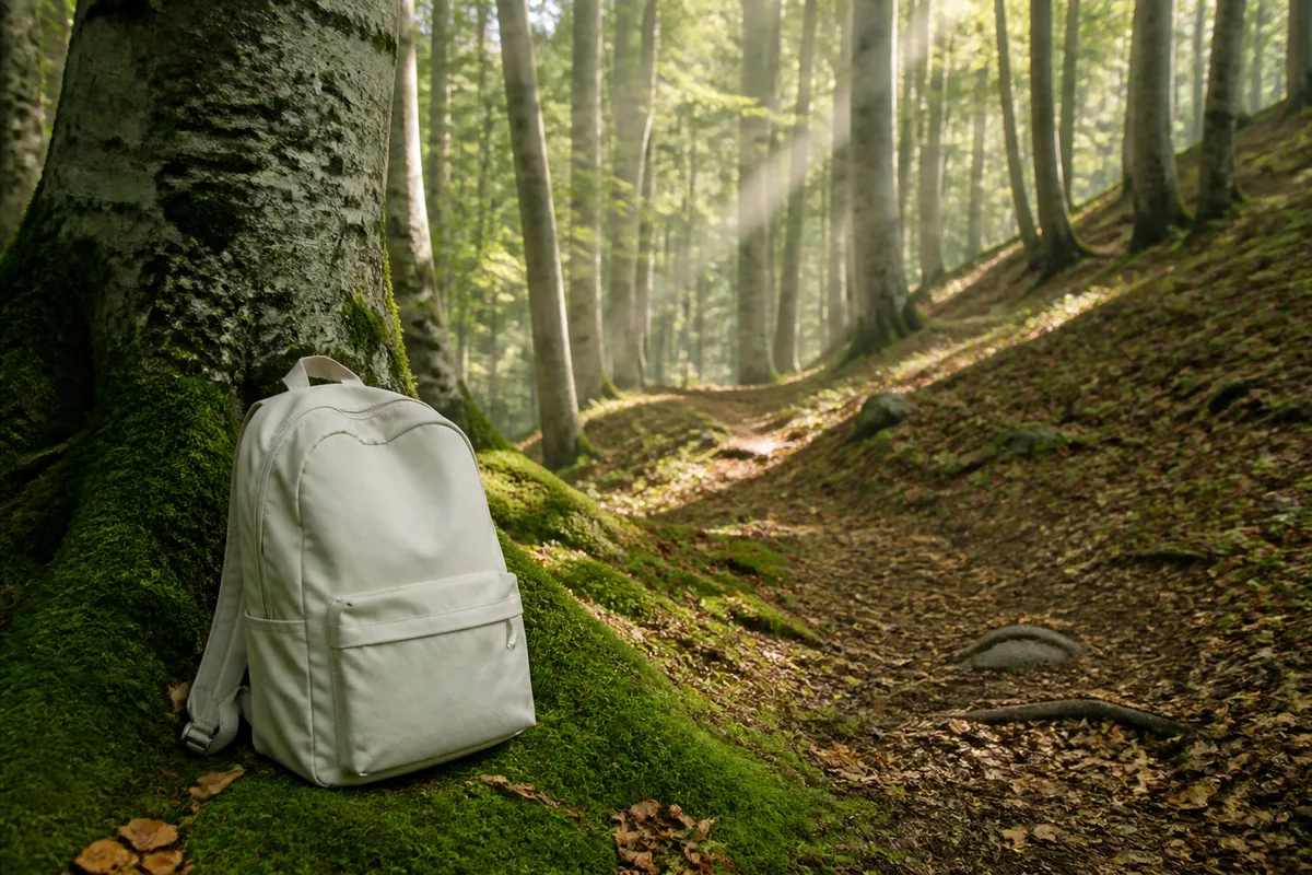 Sentier forestier balisé serpentant entre des arbres, sac à dos posé au premier plan
