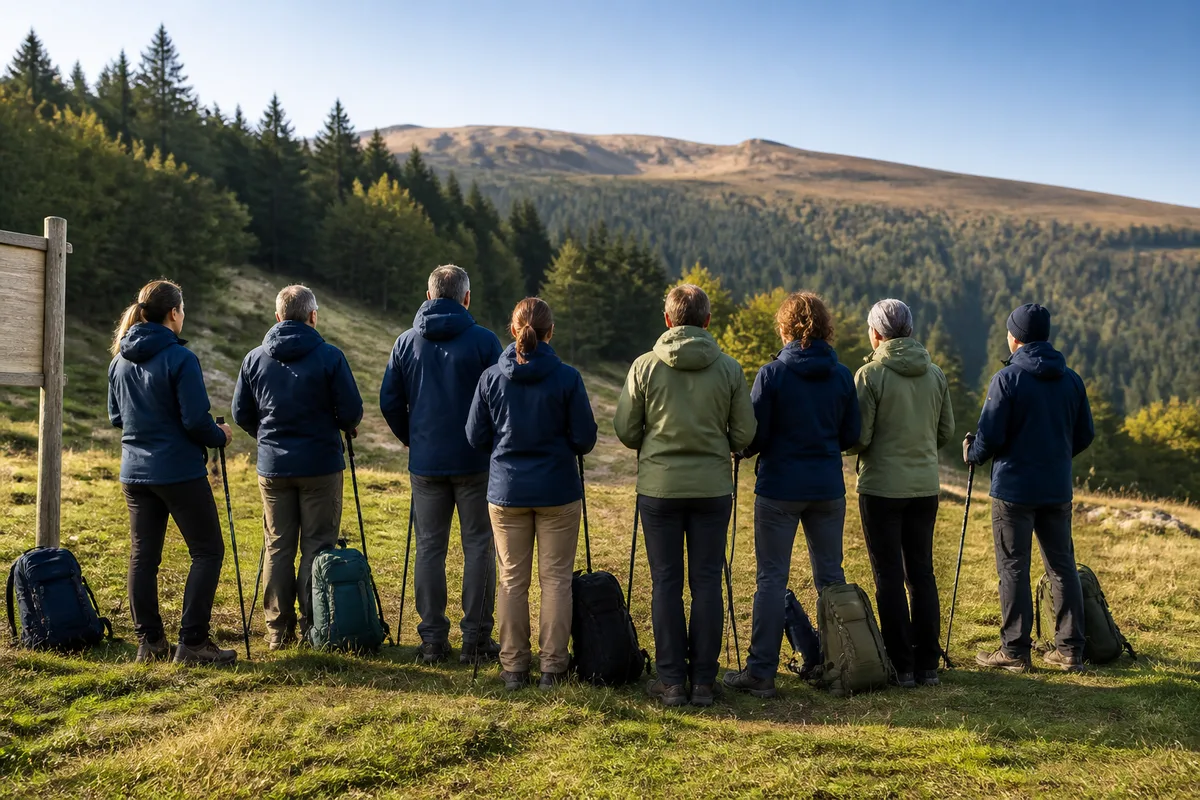 Groupe de randonneurs de dos réunis en cercle au départ d’un sentier de montagne