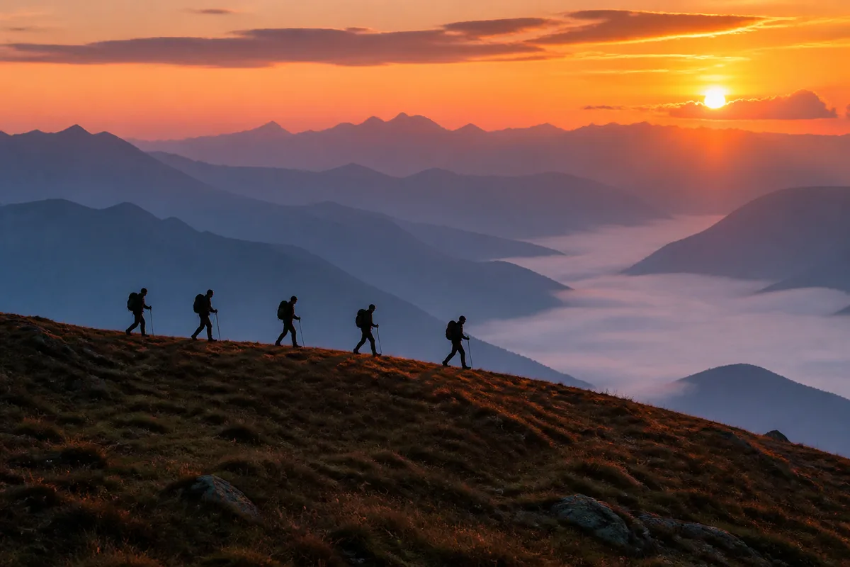 Randonneurs en silhouette marchant en file sur une crête herbeuse en fin de journée